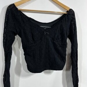 Aeropostale Y2K Dark Coquette Milkmaid Babydoll Crop Top Bow Small Dirndl Black